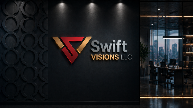The SwiftVisions LLC office, with the company logo mounted on a dark wood wall and a meeting room visible behind glass.